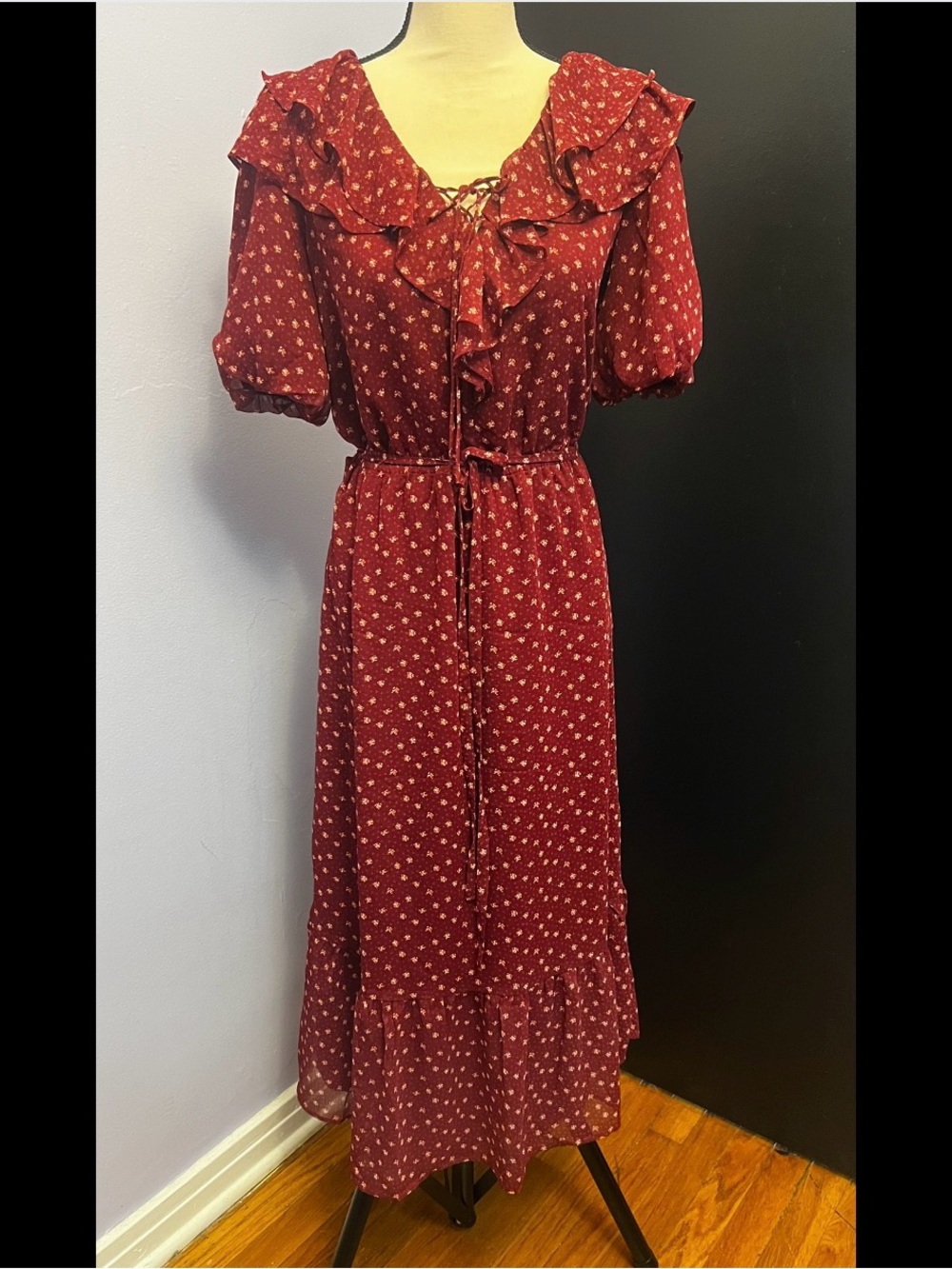 LOFT Women's Red Floral Ruffle Midi Dress